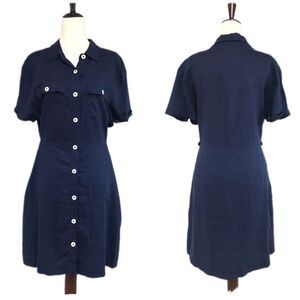 Navy Blue 100% Linen Short Sleeve Button Front Dress Classic Midi Size Large New